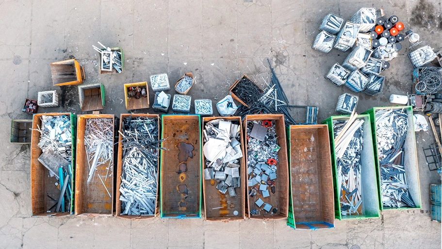 Aerial view of sorted metal scrap bins